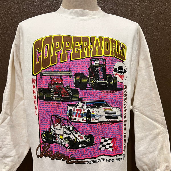 Vintage 90's Copper World Racecars PIR racing Skoal tobacco 1991 White Crewneck Sweatshirt Size M