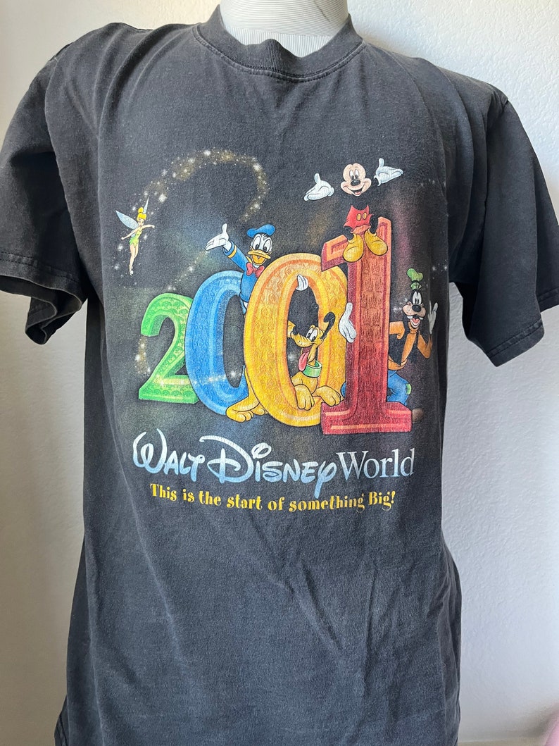 Puede incluir: Camiseta negra con un gr&aacute;fico de Mickey Mouse, Donald Duck, Goofy y Pluto celebrando el a&ntilde;o 2001 en Walt Disney World. El texto dice "Walt Disney World This is the start of something Big!"