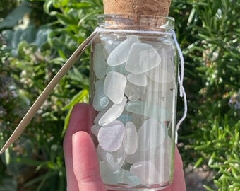 FROSTED SEA GLASS - Irish beach-combing finds ~ glass bottle & cork stopper ~ clear aqua glass ~ home décor gift ~ Northern Ireland