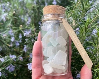 FROSTED SEA GLASS - Irish beach-combing finds ~ glass bottle & cork stopper ~ 146g clear aqua glass ~ home décor gift ~ Northern Ireland