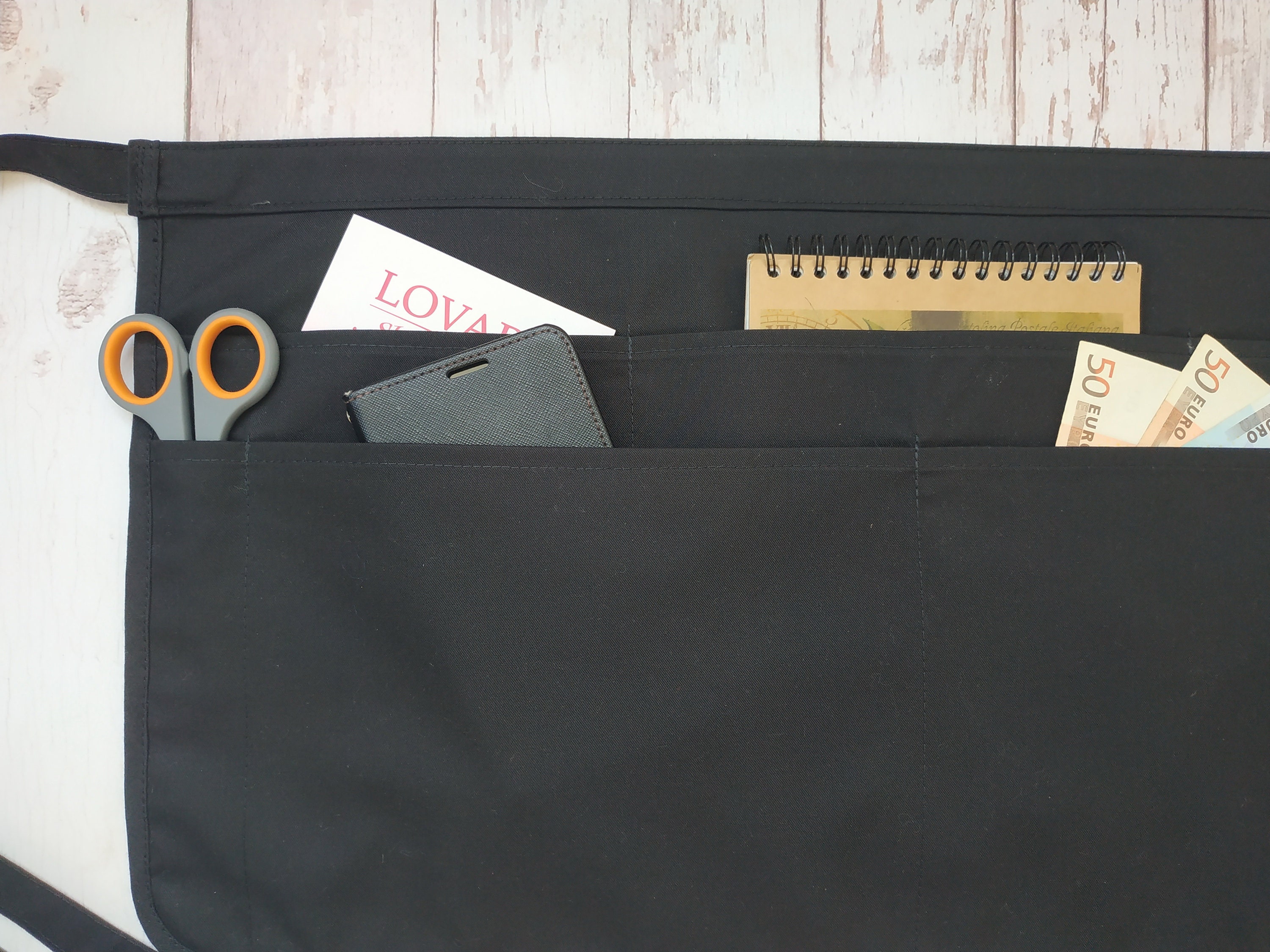 Black server apron with 7 pockets utility half waitress apron Etsy