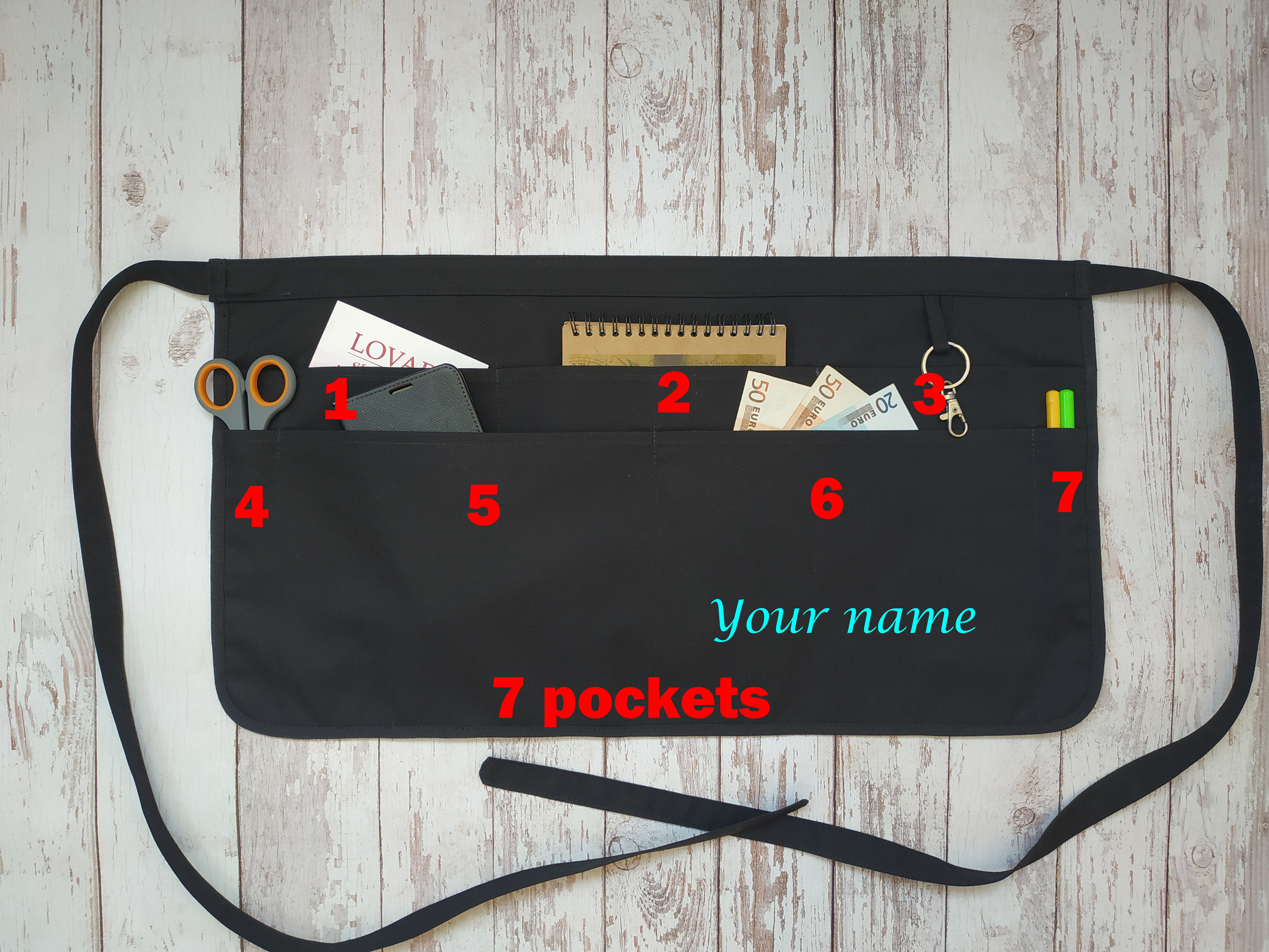 Personalized black server apron with 7 pockets utility half Etsy