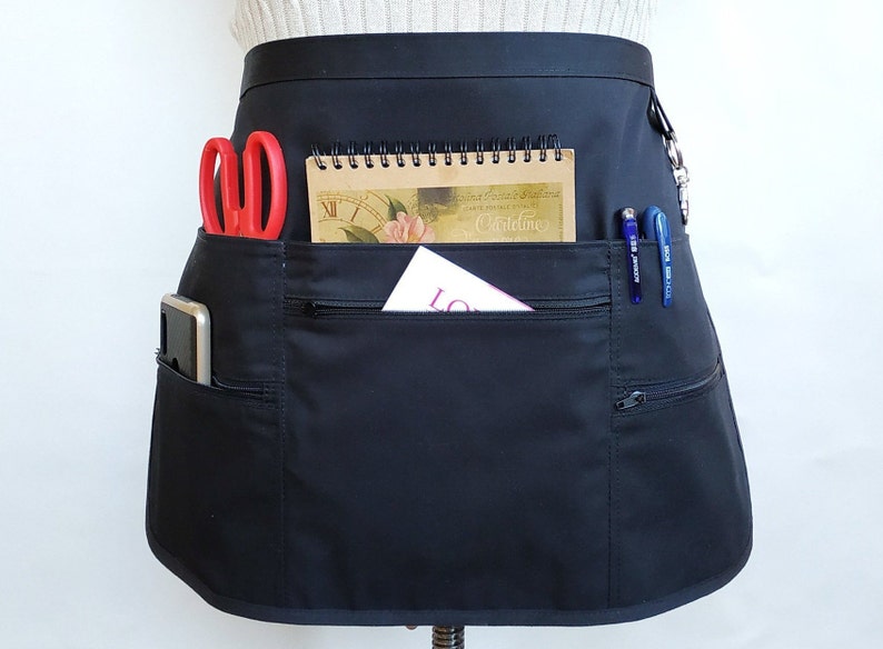 Black server apron with 3 zipper pockets utility half 6 Etsy