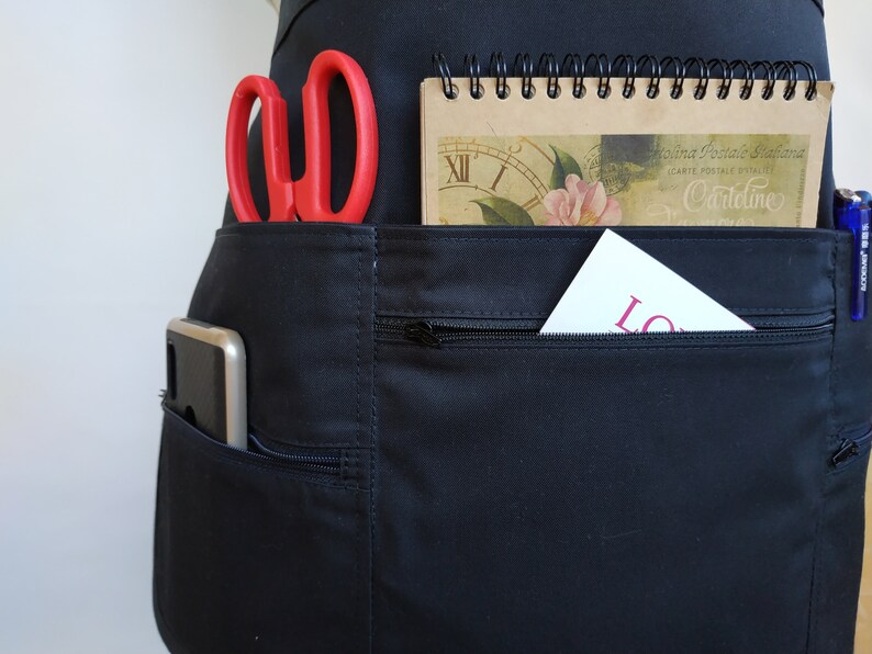 Black server apron with 3 zipper pockets utility half 6 Etsy
