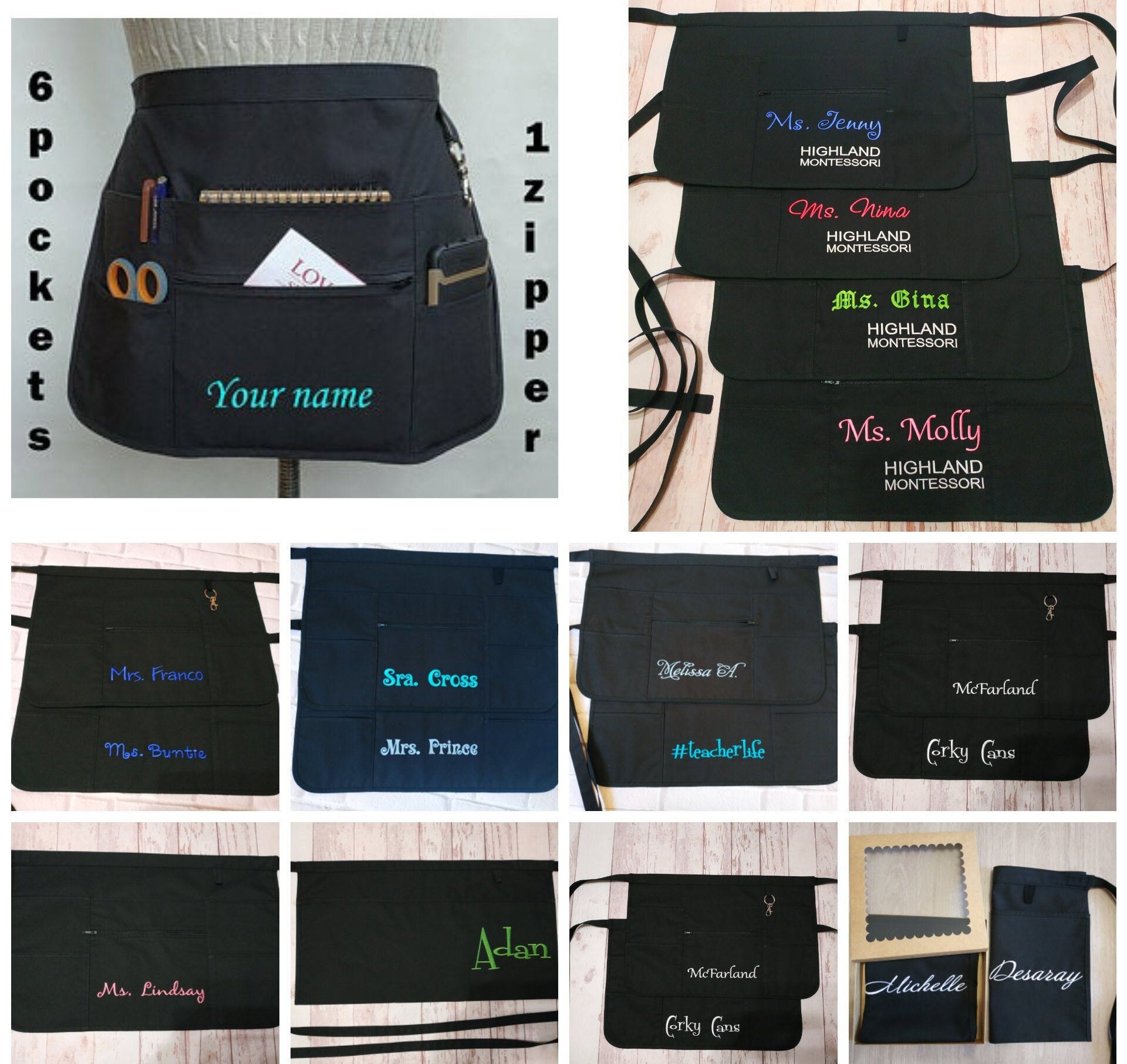 Personalized teacher apron black half 6 pockets server apron Etsy