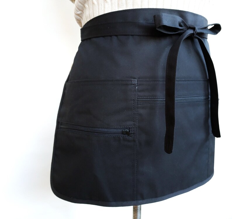 Black server apron with 3 zipper pockets utility half 6 Etsy
