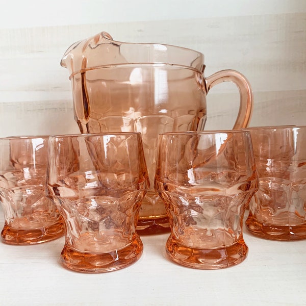 Anchor Hocking pink drink pitcher with 6 matching glasses/tumblers, vintage pink drink ware set