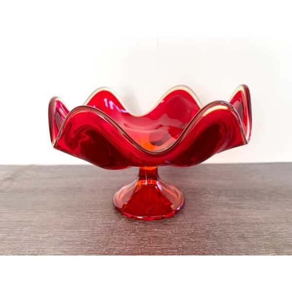Viking Epic amberina compote with six flares, vintage collectible red art glass pedestal dish