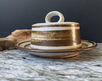 Studio Pottery Domed Butter or Cheese Dish: Mid Century Danish Style Stoneware Lidded Dish