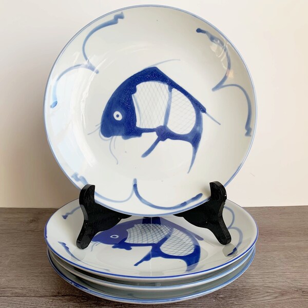 Blue and White Koi Fish Plates Set of 4, vintage porcelain hand painted koi fish plates Made in China