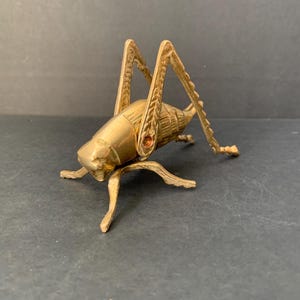 Brass grasshopper figurine paperweight, vintage gold metal grasshopper without antennae
