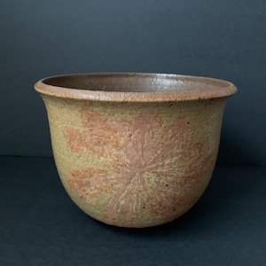 May include: A brown ceramic planter with a light brown and orange floral design.