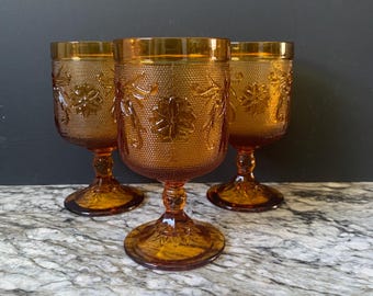3 Vintage Tiara Sandwich Amber Table Wine Goblets by Indiana Glass