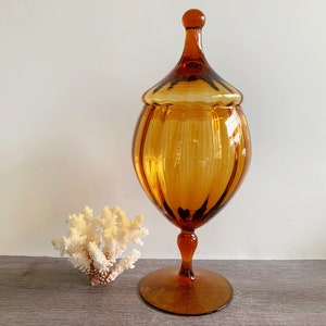 Empoli Italy amber ribbed optic glass apothecary jar, vintage Italian mid century collectible glass