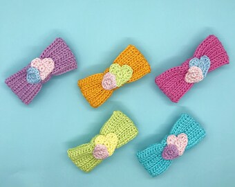 Large bow hair clip crochet barrette with hearts - Handmade