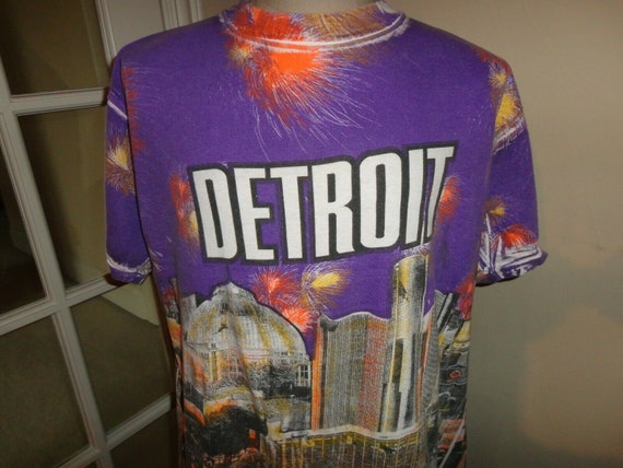 Vtg 90's All Over Print Detroit Skyline Purple Co… - image 1