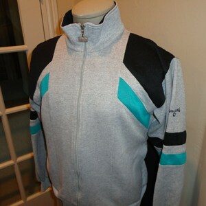 Vtg 80&#39;s Rayon Tri Blend Spalding Running Track Zip Jacket Gray black turq Sz M