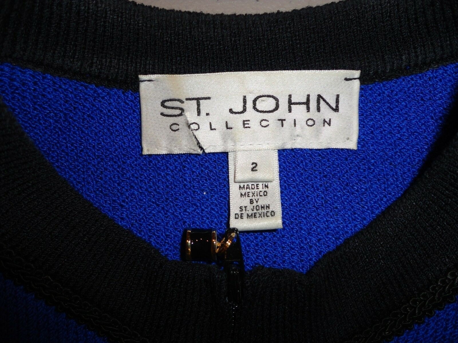 Vtg ST. JOHN Collection Women Knit Pant Suit Blue Black Trim
