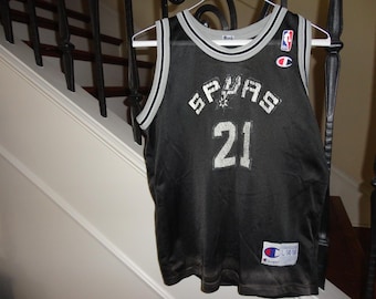 Vtg Champion #21 Tim Duncan San Antonio Spurs NBA Screen Jersey Youth L 14-16
