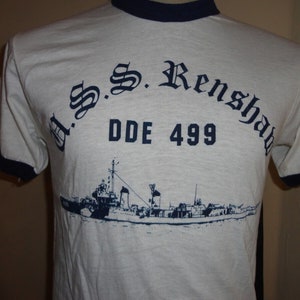 Vtg 80&#39;s Screen Stars USS Renshaw DDE 499 Navy Destroyer 50-50 RINGER T-shirt M