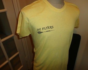 Vintage 80&#39;s Yellow P.F. Flyers DARTS Bar Grill T-Shirt Fits Adult M Rare Find