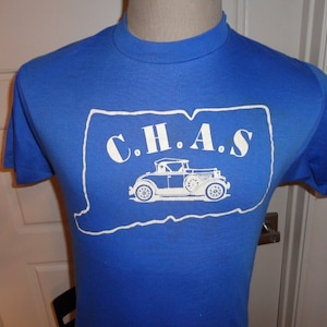 Vintage 80&#39;s Hanes 50-50 Blue C.H.A.S. Antique Car T-shirt Made Usa Fits Adult S