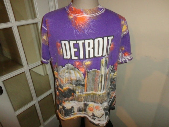 Vtg 90's All Over Print Detroit Skyline Purple Co… - image 2