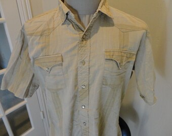 Vtg Brown Stripe H BAR C Long Tail PEARL Snap S/S Western Shirt Fits Adult XL