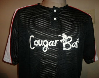 Vtg Black COUGAR BAIT 2 button Baseball Jersey Polyester Fits Adult L Excellent