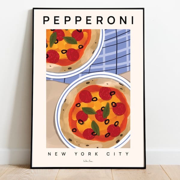 Póster de pizza Pepperoni, Impresión de arte de pizza, Impresión de arte de comida, Arte de pared de cocina, Comida de la ciudad de Nueva York, Póster de arte de pizza, Arte de pared de cocina moderna