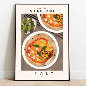 Pizza poster, Pizza art print, Food art, Quattro stagioni poster, Four season pizza, Italian food poster, Restaurant art, Pizzeria print