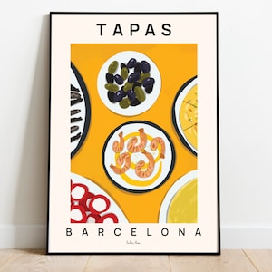 Tapas poster, Food print, Spanish tapas artwork, Food illustration, Olives drawing, Shrimps, Grilled fish art, Spanish food poster