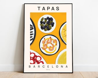 Lámina decorativa con motivos de tapas españolas, ideal para la decoración de la cocina de Barcelona.