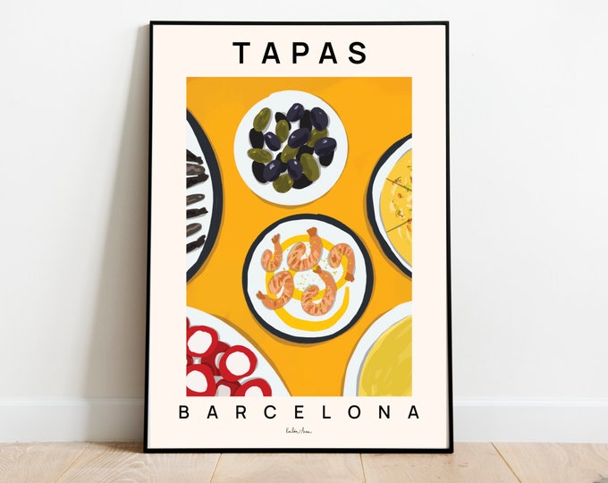 Tapas poster, Food print, Spanish tapas artwork, Food illustration, Olives drawing, Shrimps, Grilled fish art, Spanish food poster