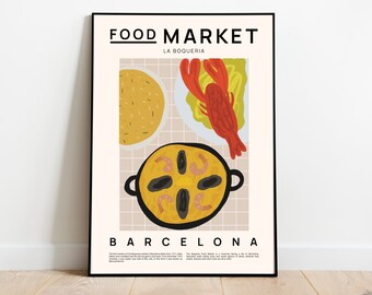 Barcelona Food Market Print, Paella Kitchen Art Poster