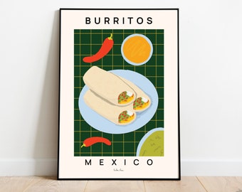 Puede incluir: Un póster con un fondo a cuadros verde y blanco que presenta un plato con tres burritos, un tazón de salsa y dos chiles rojos. El texto "BURRITOS" está en la parte superior del póster y "MÉXICO" en la parte inferior.