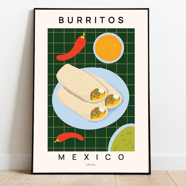 Impresión de arte de burrito mexicano, Impresión de comida, Arte de comida de México, Arte de pared de cocina, Póster de burritos, Decoración de cocina moderna, Regalo de chef, Calentamiento de la casa