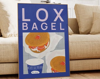May include: A blue and pink poster with the text "LOX BAGEL" in white. The poster features a drawing of two bagels with lox and cream cheese, and a blue and white cup with the text "HOT COFFEE".