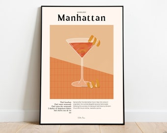 Manhattan poster, Cocktail art print, Bar cart print, Home gift,  Cocktail lover poster, Mixology poster, Large Wall Art Drinks,