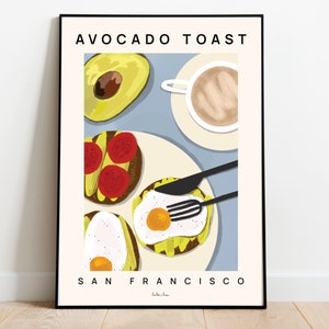 Avocado toast poster, Food art print, Breakfast poster, Avocado poster, Breakfast nook, Kitchen wall art, Egg on toast, San Francisco poster