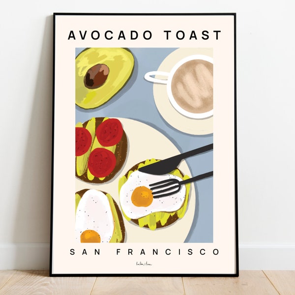 Avocado Toast Poster, Food Art Print, Frühstück Poster, Avocado Poster, Frühstücksecke, Küche Wandkunst, Ei auf Toast, San Francisco Poster