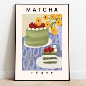 Matcha cake art print, Matcha poster, Green tea matcha roll cake, Japanese Matcha tea poster, Cake wall art, Pastel room art, Kitchen decor