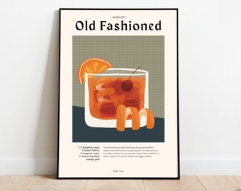 Old Fashioned Poster, Whiskey Art Print, Cocktails poster, Bar art, Cocktails poster, Cocktail recipes print, Cocktail recipe decor