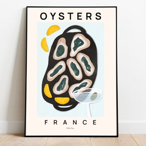 Oysters art print, Food illustration, Kitchen wall decor, French food art, French cuisine print, Coastal art, Food print,