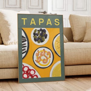 Tapas poster, Food print, Spanish tapas artwork, Food illustration, Olives drawing, Shrimps, Grilled fish art, Spanish food poster