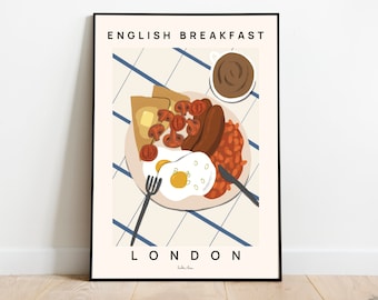 English breakfast print, British food poster, Kitchen decor, Food art print, eggs beans toast print, Food illustration, Modern Kitchen Decor