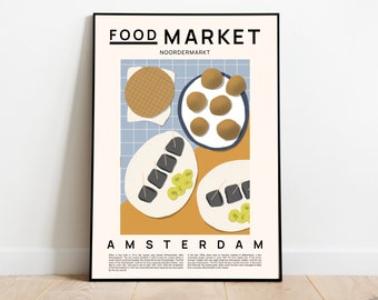 Food market Amsterdam, Dutch food art print, Bitterballen, Herring, Stroopwaffel print, Food art, Kitchen wall art, Housewarming gift