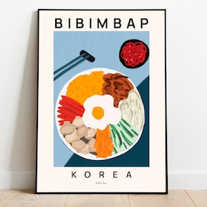 Póster de bibimbap, impresión de comida, póster de comida coreana, arte de pared de cocina, impresión de receta de bibimbap, obra de arte de comida asiática, regalo de inauguración de la casa,