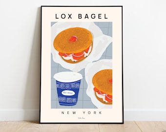 Lox bagel poster, Food art print, New York food art, Food illustration, Kitchen wall art, Everything bagel, New York illustration, Capers