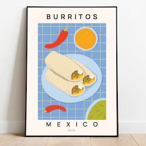 Burrito posters, Food poster, Mexican food print, Food illustration, Burrito art print, housewarming gift, Foodie gift, Modern kitchen decor